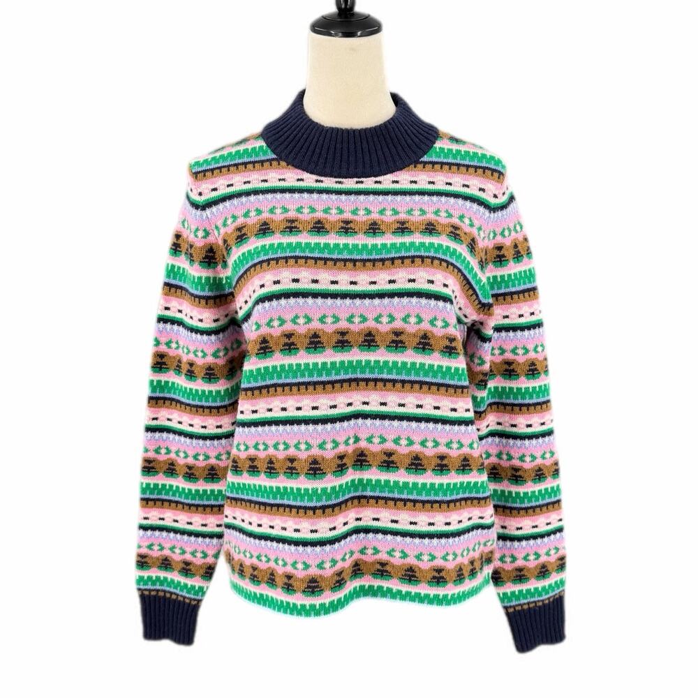 J. Crew Navy Pink Multicolor Wool Blend Cozy Stripe Fair Isle Mockneck Sweater